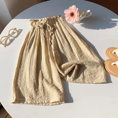Kids Girl'S Fashion Casual Summer Solid Color Cotton Linen Breathable Loose Wide-Leg Pants
