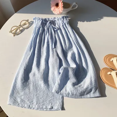 Kids Girl'S Fashion Casual Summer Solid Color Cotton Linen Breathable Loose Wide-Leg Pants