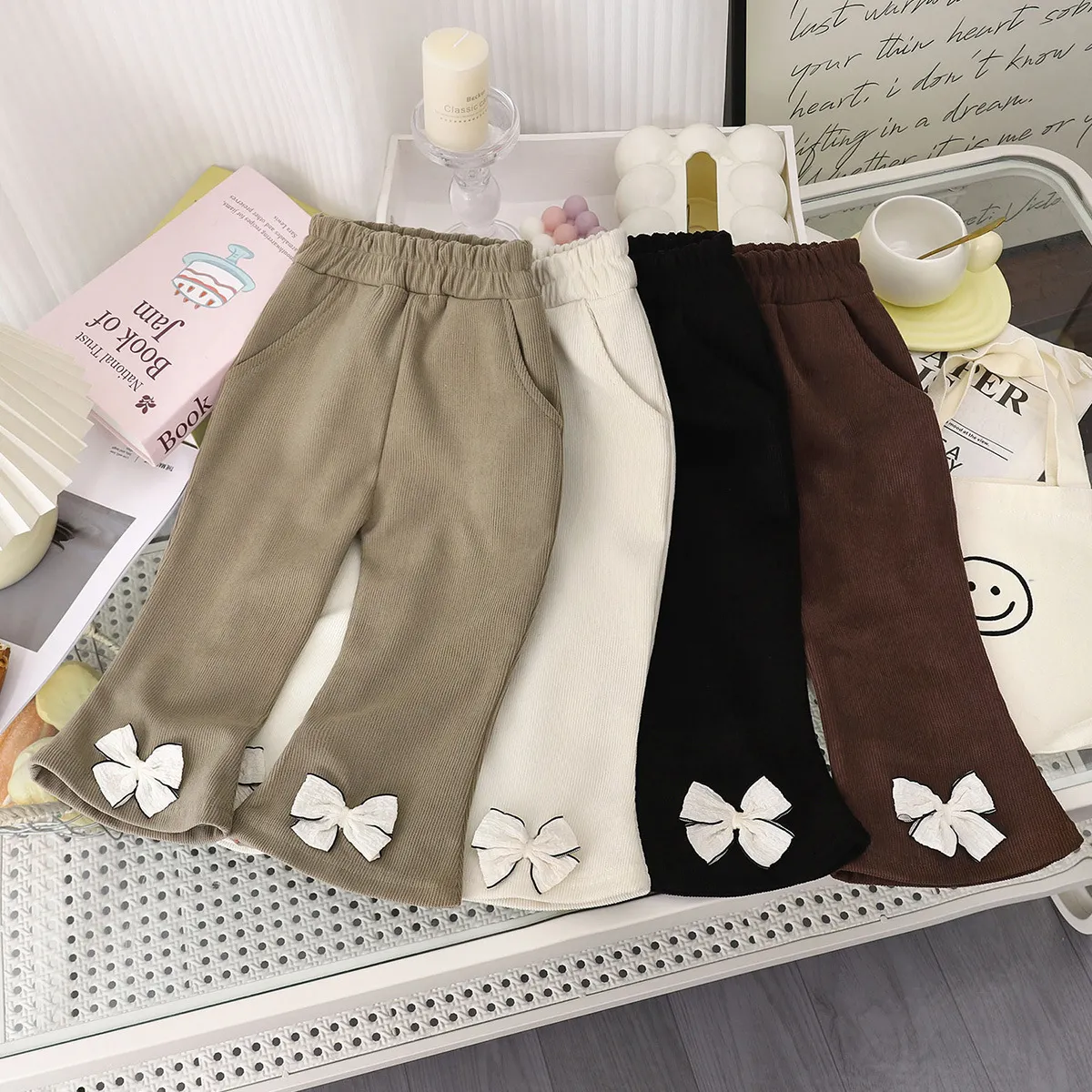 Kids Girls' Fashion Casual Autumn Corduroy Solid Color Bow Flared Pants