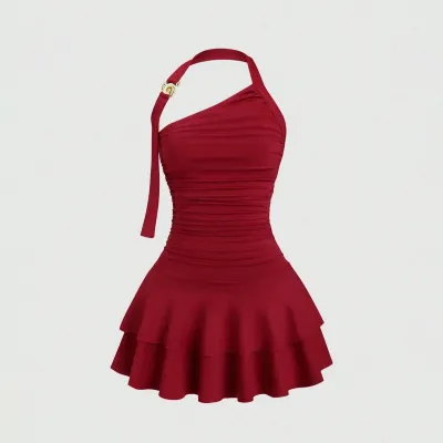 Women Fashion Sexy Summer Solid Color Halter-Neck Pleated A-Line Dress