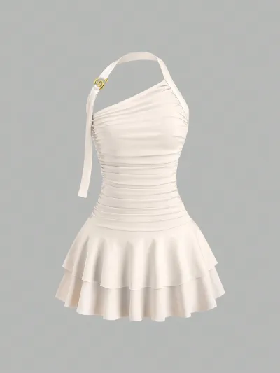 Women Fashion Sexy Summer Solid Color Halter-Neck Pleated A-Line Dress