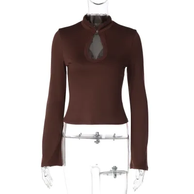 Women Fashion Sexy Autumn Solid Color Hollow Lace Long Sleeve T-Shirt