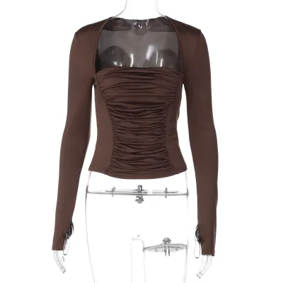Women Fashion Solid Color Pleated Square Collar Slim-Fit Long-Sleeve T-Shirt