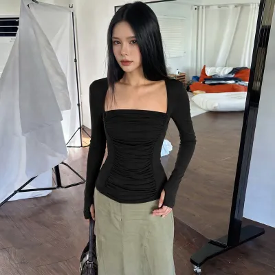 Women Fashion Solid Color Pleated Square Collar Slim-Fit Long-Sleeve T-Shirt