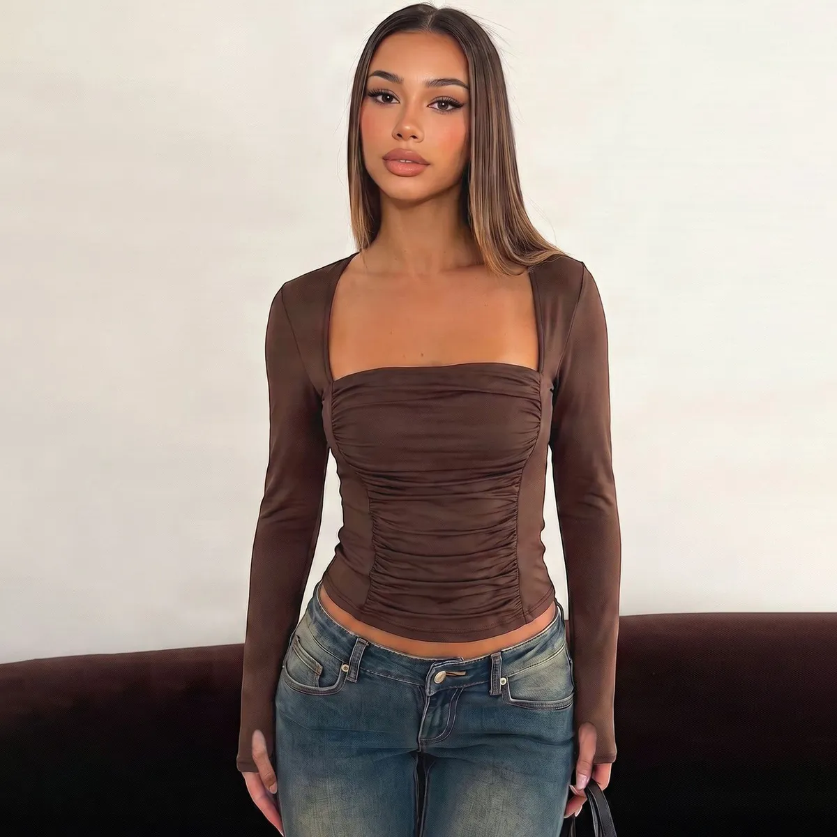 Women Fashion Solid Color Pleated Square Collar Slim-Fit Long-Sleeve T-Shirt