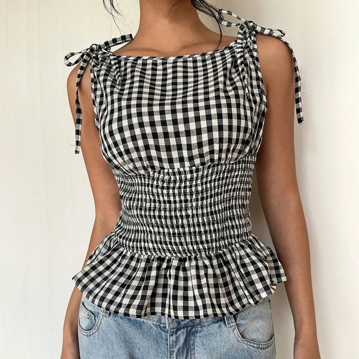 Women Fashion Casual Summer Plaid Slim‑Fit Ruffle‑Trim Camisole