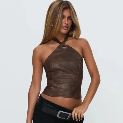 Women Fashion Sexy Summer Solid Color Leather Halter-Neck Backless Tank Top