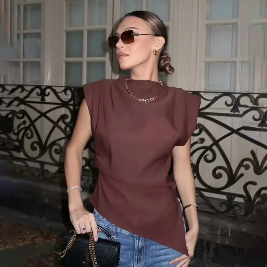 Women'S Fashion Solid Color Asymmetrical Pleated Padded T-Shirt