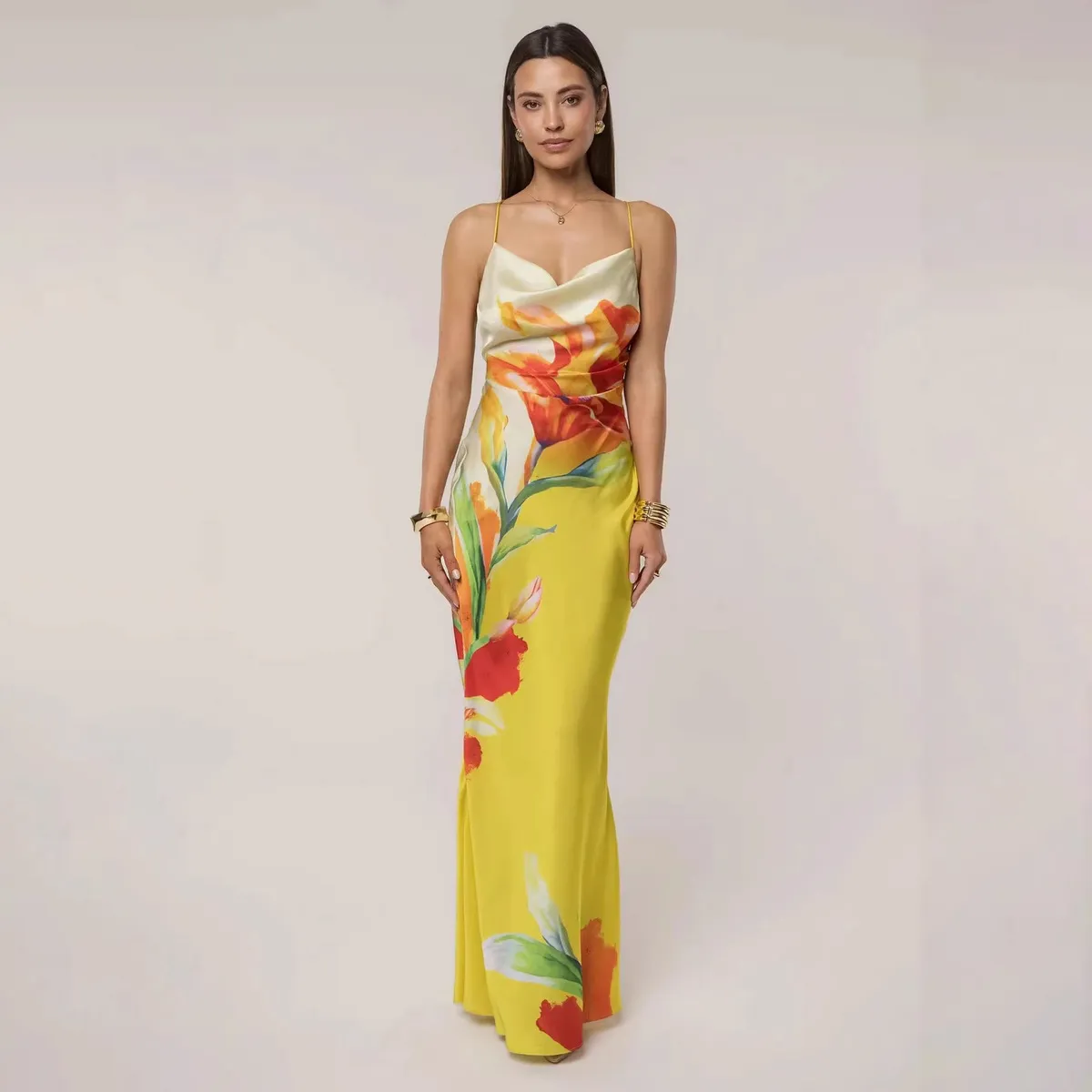 Women Fashion Sexy Summer Printed Spaghetti Strap Backless Dress