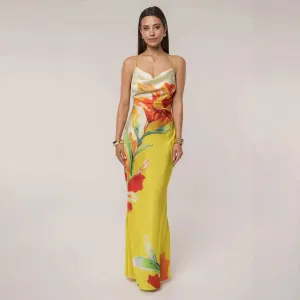 Women Fashion Sexy Summer Printed Spaghetti Strap Backless Dress