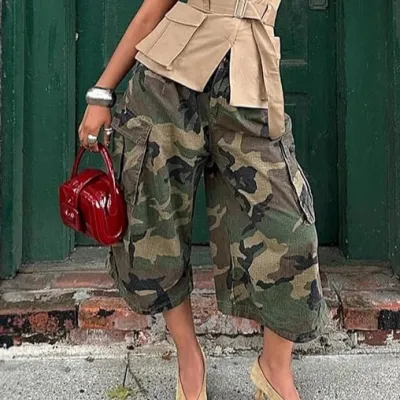 Women Fashion Casual Camouflage Pocket Loose Wide Leg Pants