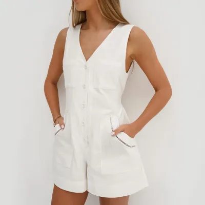 Women Fashion Casual Summer Solid Color Cotton And Linen V-Neck Sleeveless Loose Rompers