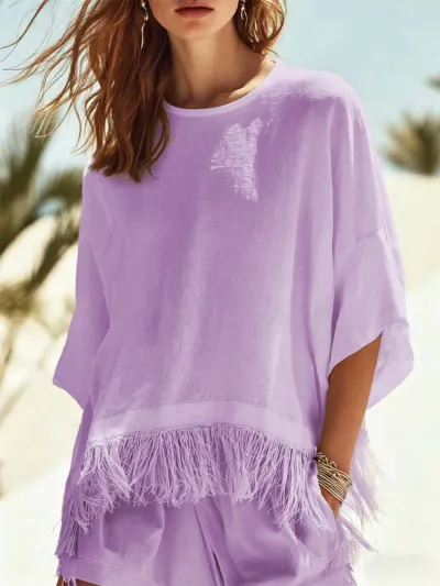 Women Fashion Casual Summer Solid Color Short-Sleeve Tassel Loose T-Shirt