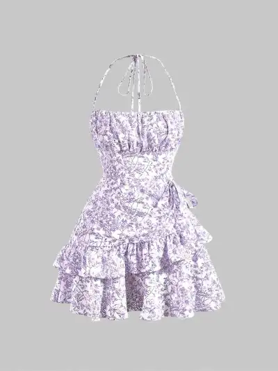 Women'S Fashion Sexy Summer Flower Printed Halter-Neck Lace-Up Ruffled A-Line Dress