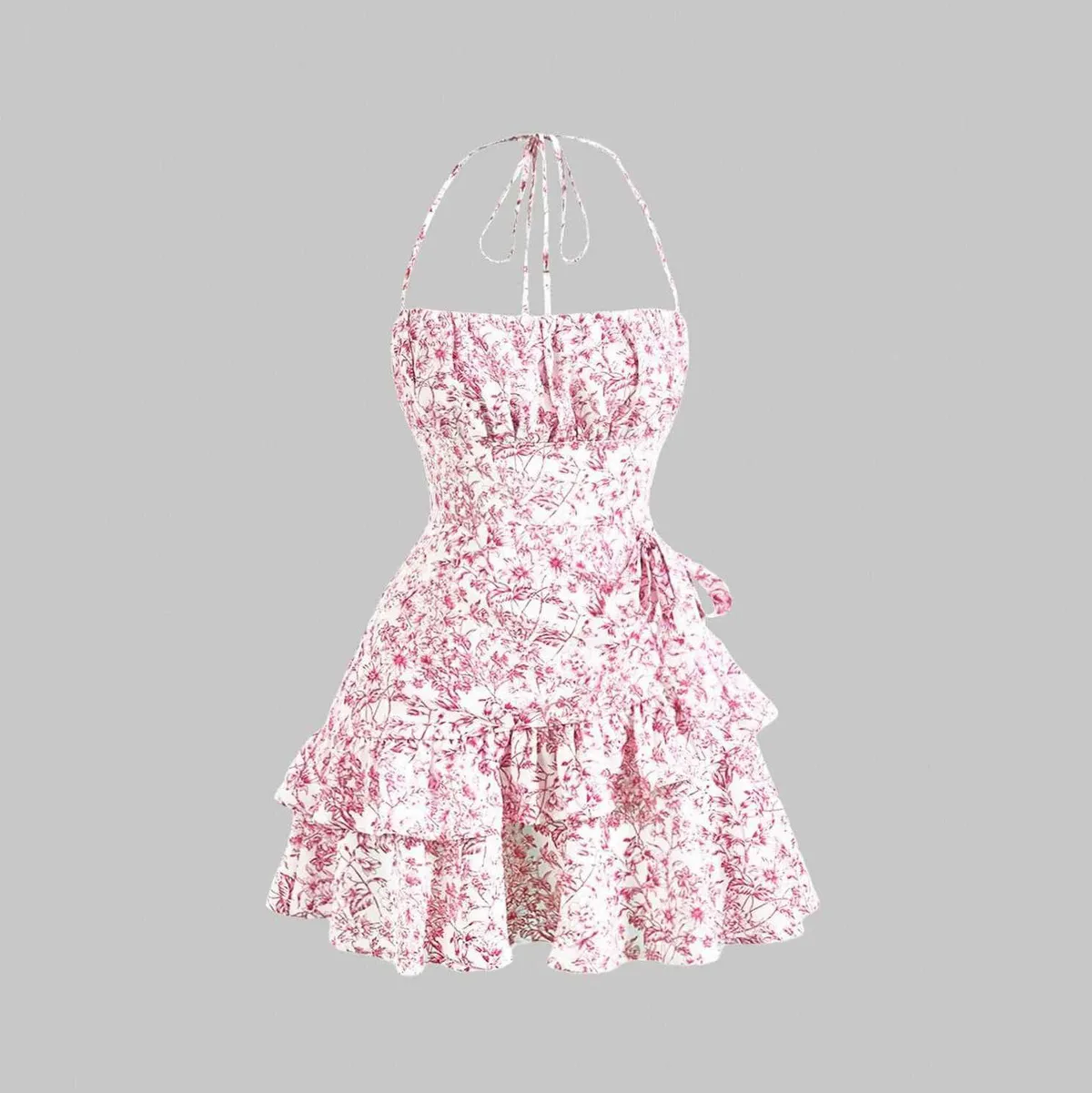 Women'S Fashion Sexy Summer Flower Printed Halter-Neck Lace-Up Ruffled A-Line Dress