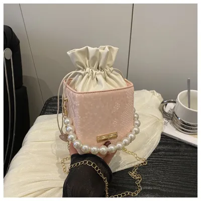 Women Fashion Casual Solid Color Large Capacity Pearl Chain Portable Bucket Crossbody Bag