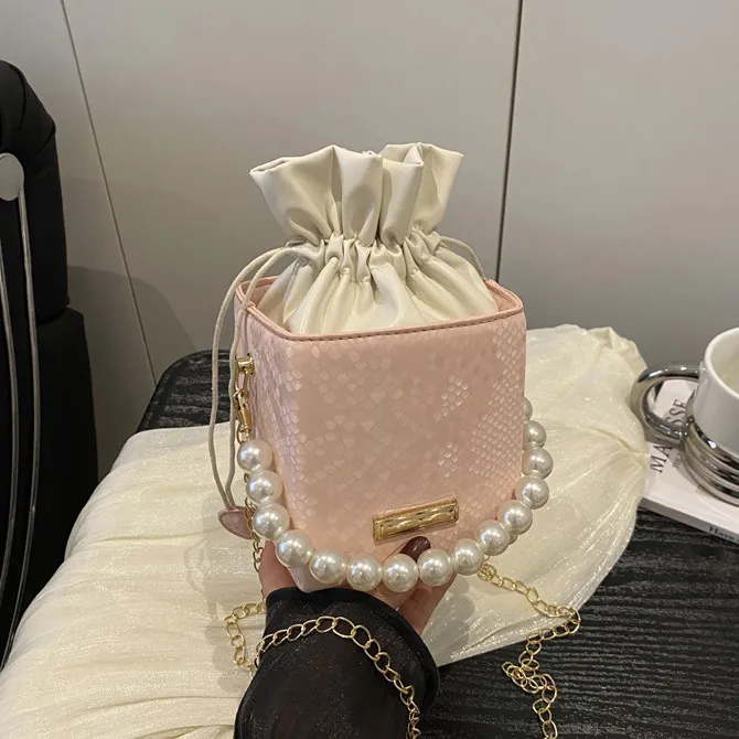 Women Fashion Casual Solid Color Large Capacity Pearl Chain Portable Bucket Crossbody Bag
