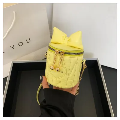 Women Fashion Casual Solid Color Bow Rhomboid Chain Bucket Crossbody Bag