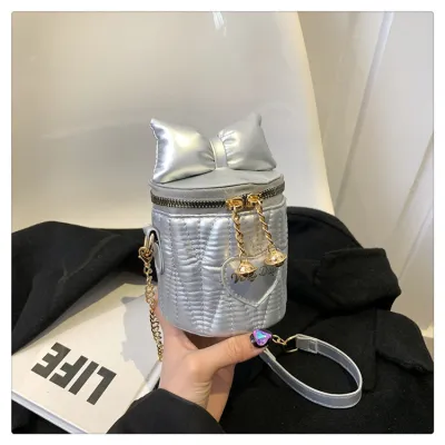 Women Fashion Casual Solid Color Bow Rhomboid Chain Bucket Crossbody Bag