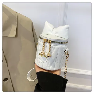 Women Fashion Casual Solid Color Bow Rhomboid Chain Bucket Crossbody Bag
