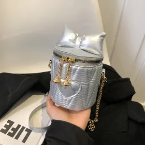 Women Fashion Casual Solid Color Bow Rhomboid Chain Bucket Crossbody Bag