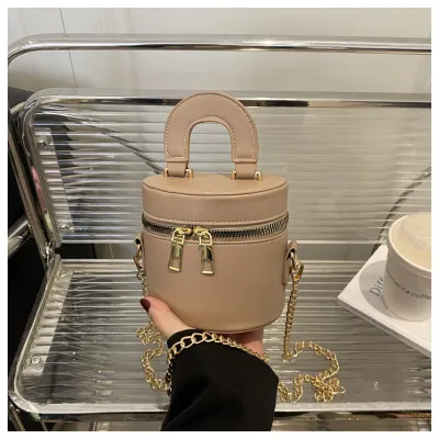 Women Fashion Casual Simple Solid Color Double Zipper Mini Cylinder Chain Crossbody Bag