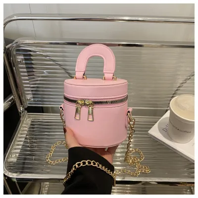 Women Fashion Casual Simple Solid Color Double Zipper Mini Cylinder Chain Crossbody Bag