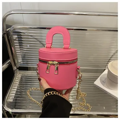 Women Fashion Casual Simple Solid Color Double Zipper Mini Cylinder Chain Crossbody Bag