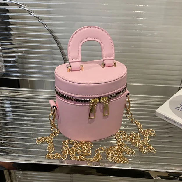 Women Fashion Casual Simple Solid Color Double Zipper Mini Cylinder Chain Crossbody Bag