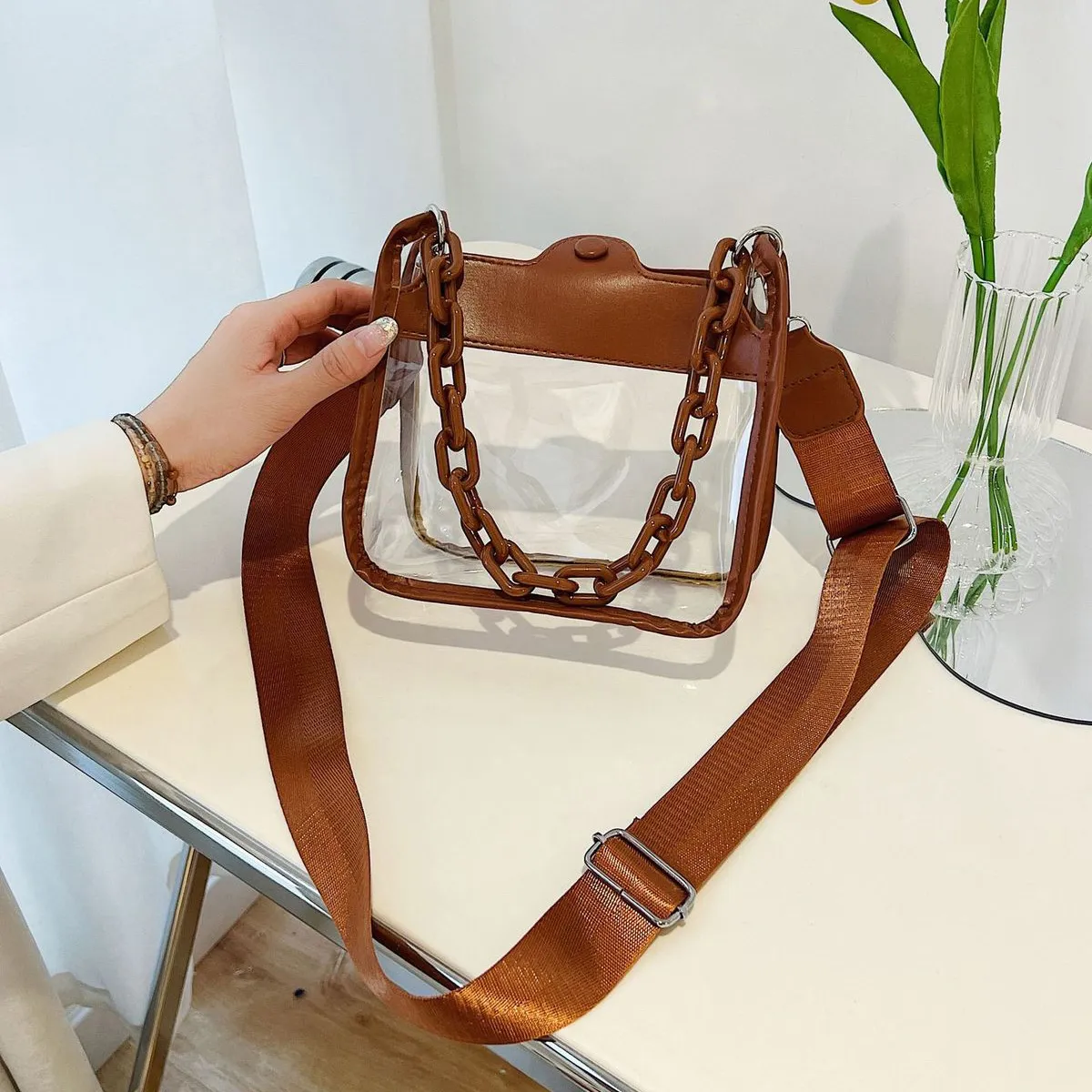 Women Fashion Casual Solid Color Transparent Waterproof Pvc Chain Crossbody Bag