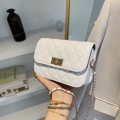 Women Fashion Casual Simple Lingge Solid Color Chain Small Square Crossbody Bag