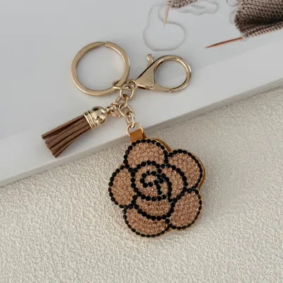 Women Fashion Creative Tassel Leather Rhinestone Camellia Keychain Pendant