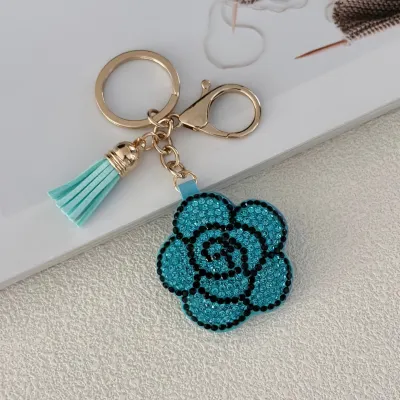 Women Fashion Creative Tassel Leather Rhinestone Camellia Keychain Pendant