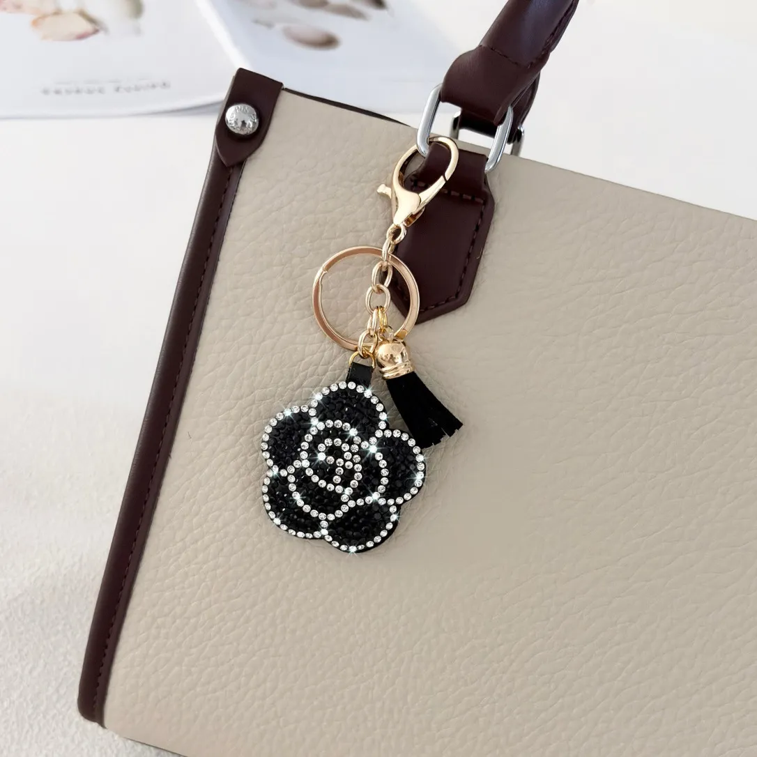 Women Fashion Creative Tassel Leather Rhinestone Camellia Keychain Pendant