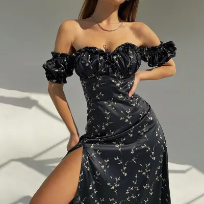 Women Fashion Elegant Sexy Polka Dot Flower Printed Off-Shoulder Short-Sleeve Split Dress