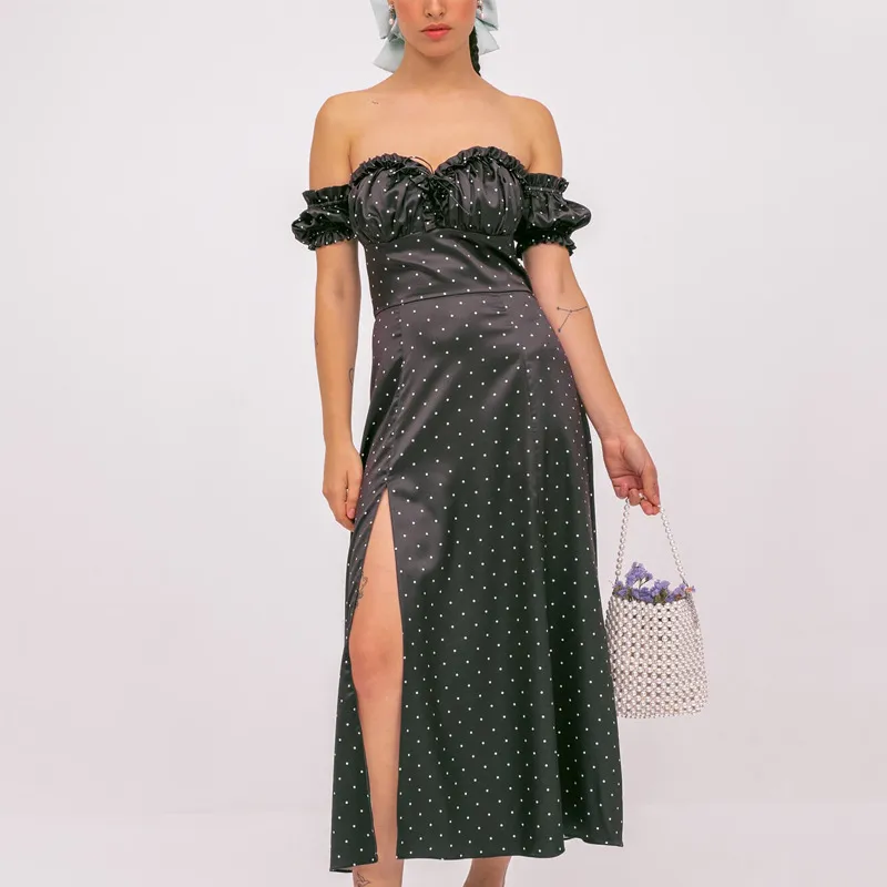 Women Fashion Elegant Sexy Polka Dot Flower Printed Off-Shoulder Short-Sleeve Split Dress