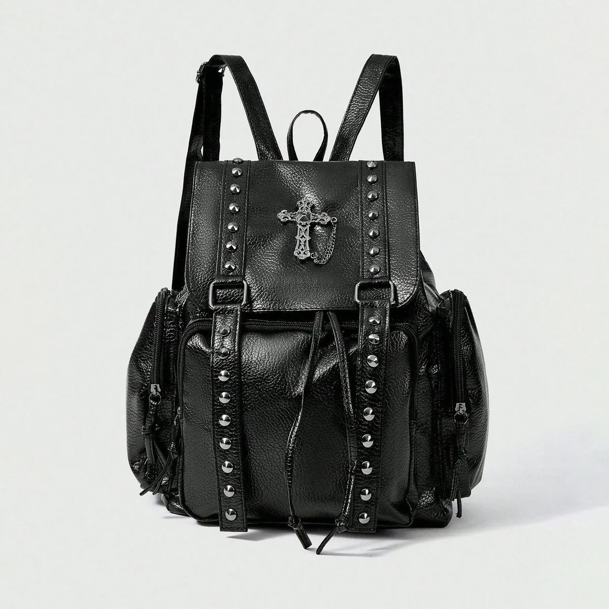 Women Fashion Casual Washed Litchi Pattern Pu Leather Rivet Backpack