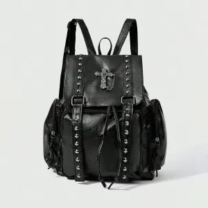 Women Fashion Casual Washed Litchi Pattern Pu Leather Rivet Backpack