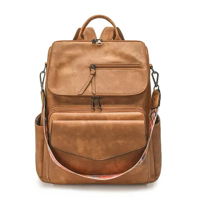 Women Fashion Casual Simple Solid Color Pu Leather Large Capacity Backpack