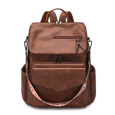 Women Fashion Casual Simple Solid Color Pu Leather Large Capacity Backpack