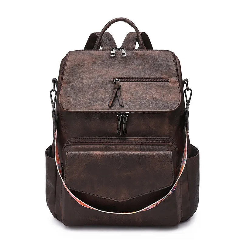 Women Fashion Casual Simple Solid Color Pu Leather Large Capacity Backpack