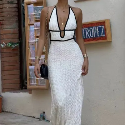 Women Fashion Sexy Summer Color Block V-Neck Sleeveless Backless Slim-Fit Dress