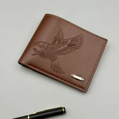 Men'S Fashion Casual Solid Color Soft Leather Thin Eagle Pattern Short Wallet