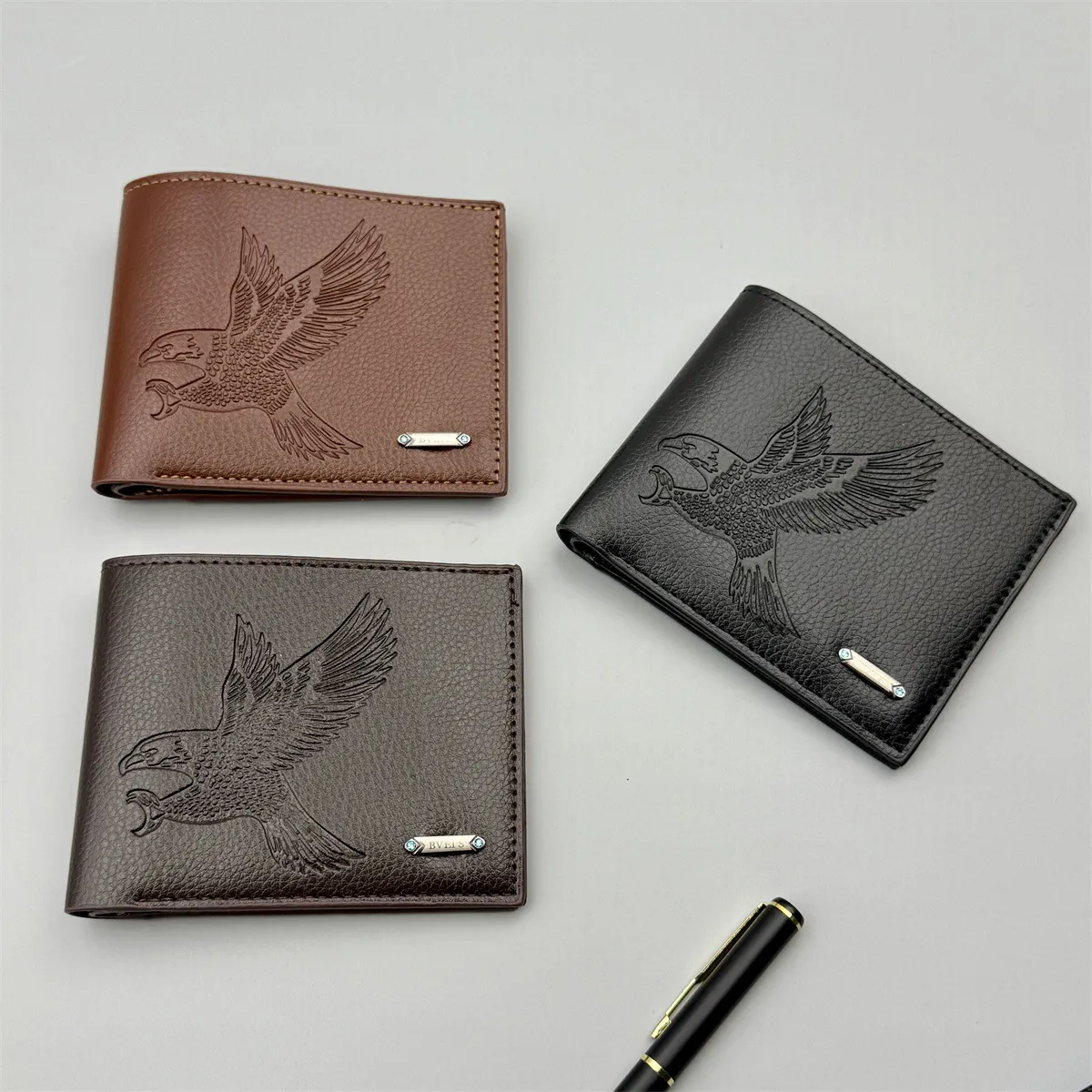 Men'S Fashion Casual Solid Color Soft Leather Thin Eagle Pattern Short Wallet