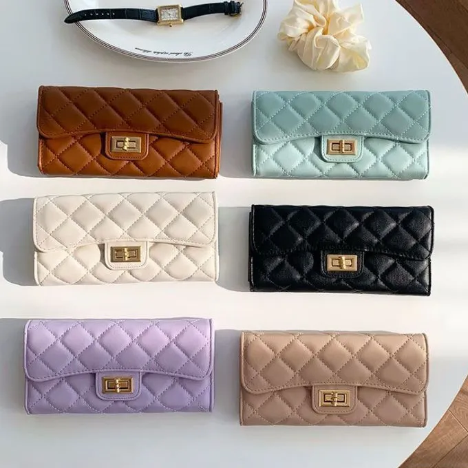 Women Fashion Casual Solid Color Rhombic Two-Fold Clutch Long Wallet