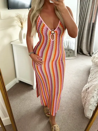 Women Fashion Sexy Summer Color Block Spaghetti Strap V-Neck Slim-Fit Dress