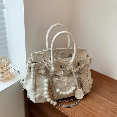 Women Fashion Casual Retro Handmade Autumn Pearl Chain Handbag