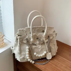 Women Fashion Casual Retro Handmade Autumn Pearl Chain Handbag