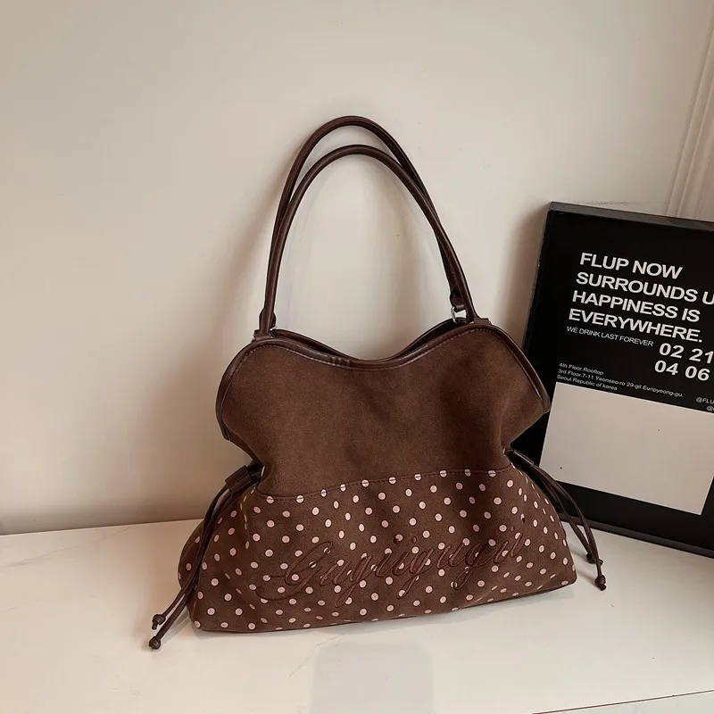 Women Fashion Casual Autumn And Winter Suede Printed Stitching Drawstring Large Capacity Handbag