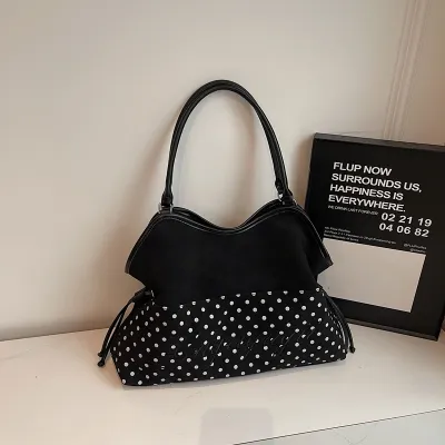 Women Fashion Casual Autumn And Winter Suede Printed Stitching Drawstring Large Capacity Handbag